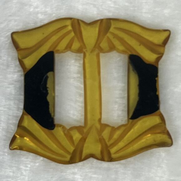 Vintage Carved Yellow Black Bakelite Fabric Belt Slide Buckle Art Deco Era - Picture 2 of 3